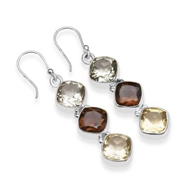 Silver Palace Natural Smoky Quartz, Green Amethyst 925 Sterling Silver Drop Dangle Three Stone Earrings For Womens, Metal Gemstone, smoky quartz & green amethyst & white topaz