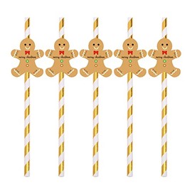 24 Set of Christmas Decorative Drinking Straw with Gingerbread Man Paper Cut-outs for Christmas Holiday Decoration