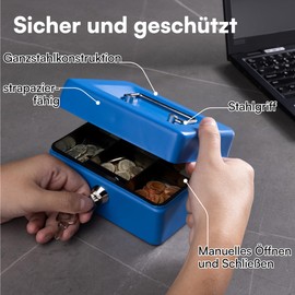 H&S Lockable Cash Box with Key - Black Cash Box in Small with 2 Keys - for Notes with Coin Compartment for Money Storage - Money Box Cash Box with Lock - Blue