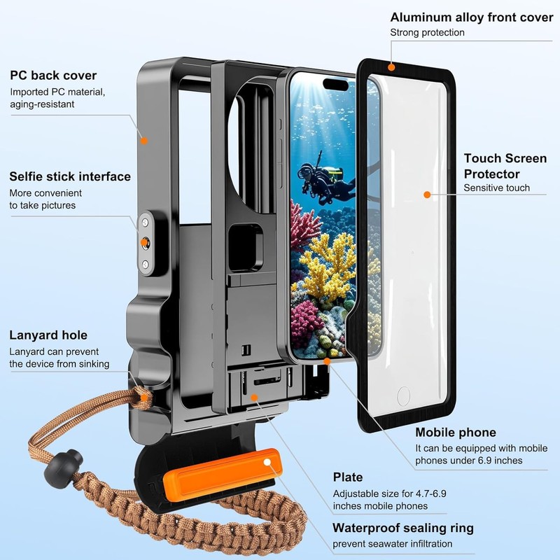 Craena Funda Protectora Profesional Subacuática para Teléfono, Carcasa Impermeable (Gris+Negro)