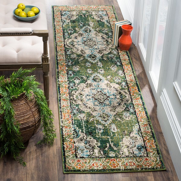 SAFAVIEH Monaco Collection Runner Rug - 2'2" x 16', Forest Green & Light Blue, Medallion Distressed Design, Non-Shedding & Easy Care, Ideal for High Traffic Areas in Living Room, Bedroom (MNC243F)