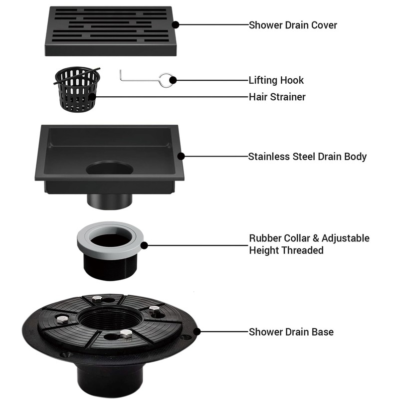4 Inch Square Shower Floor Drain, Shower Drain Kit with