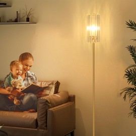 HMVPL Gold Floor Lamp for Living Room, Brass Pole Standing Lamp with K9 Crystal Shade, Modern Corner Standing Lamp for Bedroom with On/Off Switch, Elegant Crystal Tall Lamp for Office Kids Girls Room