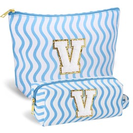 SEFORICO Initial Makeup Bag- Cosmetic Bag Cute Teen Girl Gifts Make Up Case Large Capacity Makeup Bag Travel Bag Gift for Women Valentines Day Bridesmaid Friend Birthday Gifts(Blue V)