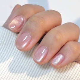 24Pcs Aurora Pink Press on Nails Short Square ZWENJIE Cat Eye Fake Nails Glitter False Nails with Cute Glossy Design Stick on Nails Full Cover Acrylic Nails Gel Glue on Nails for Women Girls