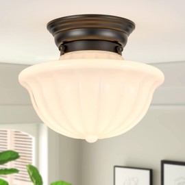 youngrender Black Schoolhouse Light Fixture Ceiling, 9 Inch Hallway Semi Flush Mount Ceiling Lighting, White Milk Glass Ceiling Lights Mid Century for Bedroom, Kitchen, Entryway