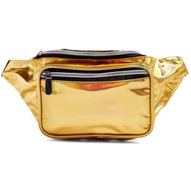 80s Holographic Rave Gold Fanny Pack For Festival Women Girls Cute Fashion Waist Bag Belt Bags (Gold)