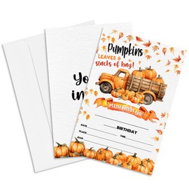 Leaves & Stacks Of Hay Birthday Party Invitation - Set Of 20 Fall Pumpkin Invite Cards With Envelopes - Autumn Birthday Invitation Cards For Boys Girls - Thanksgiving Birthday Party Supplies Decor-A06
