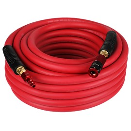 Keepro Rubber Air Hose, Durable Air Compressor Hose 3/8 Inch ID By 50 Feet Long with Swivel Universal Aluminium Quick Coupler and Plug, 300 PSI Maximum Pressure, Red