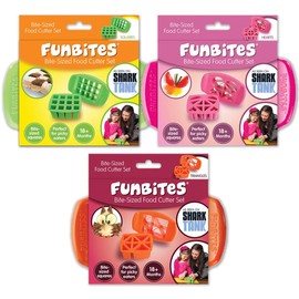 FUNBITES FunBites Set of 3 Food Cutters, Sandwich Cutters for Kids, Cuts Food into Bite-Size Shapes, Green Squares, Pink Hearts, Orange Triangles