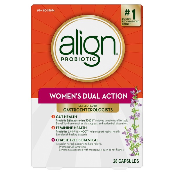 Align Probiotic, Women's Dual Action, Probiotics for Women, Probiotic for Gut Health and Feminine Health, Helps Relieve Symptoms of Irritable Bowel Syndrome (IBS) such as Bloating, Gas, and Abdominal Discomfort, with Chaste Tree Botanical, 28 Capsules