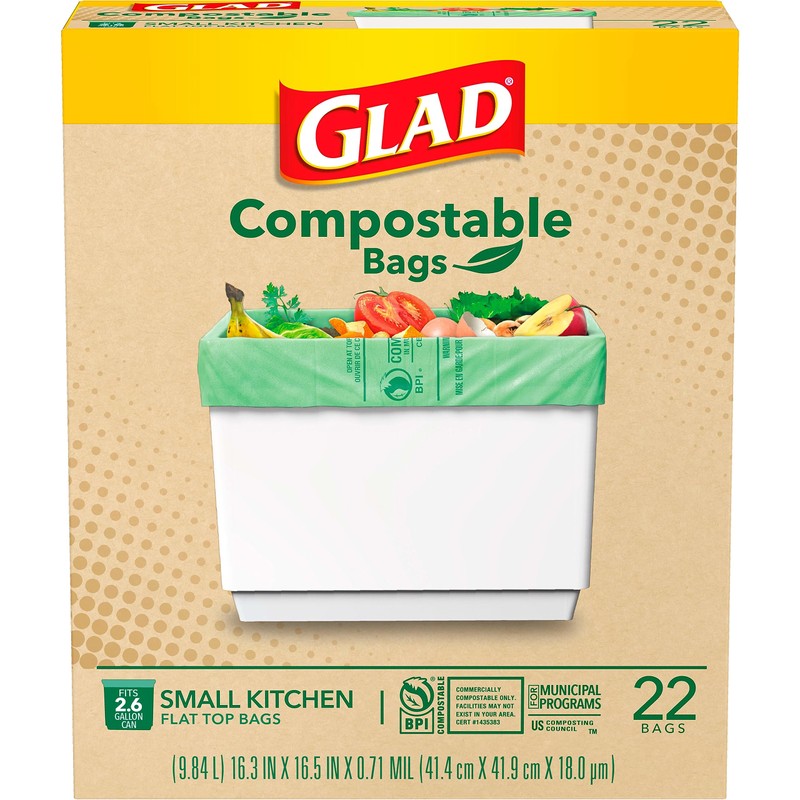 Glad Kitchen Compost Bags, 2.6 Gallon Small Flat Top Bags,