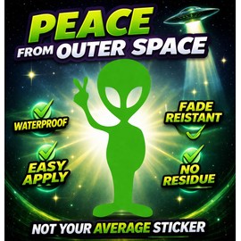 Alien Peace Sign Vinyl Decal (7") Green - UFO Sticker for Cars, Windows, Laptop & Walls – Funny ET Hand Peace Symbol Graphic – Waterproof, Weatherproof Outdoor Vinyl