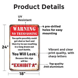Warning No Trespassing You Will Lose 18 Inch x 24 Inch Metal Sign Novelty Aluminum Durable Weatherproof UV Protected Perfect for Garages Workshops Fun Gag Gift for Friends Crafted in the USA