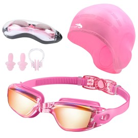 flintronic Swimming Goggles + Swimming Caps Set, Swimming Cap, Swimming Cap, No Leaking, Anti-Fog, with Ear Plugs & Nose Clips, UV Protection Swimming Goggles with Anti-Fog for Men and Women