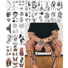 Impressed.co Impresionado 48 Hojas Unisex Vintage American Traditional Temporal Tatuajes - Pequeño Semi Permanente Blackwork Minimalista Falso Tatuaje Flash Para Mujeres Y Hombres - Mano D