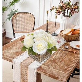 Flower Arrangement with Wooden Vase 8" Artificial Flowers in Pot - Fake Flowers Roses Peonies Hydrangeas in Wooden Vase Potted Artificial Flower Centerpieces for Table Decor Living Room - White