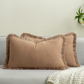 Mayler Yee Set of 2 Fringe Throw Pillow Covers with Tassel Trim for Farmhouse Living Room, Soft Cotton & Cozy Linen, Brown Lumbar Pillowcase, Boho Sytle Decorative Home (Khaki Brick, 12x20 Inch)