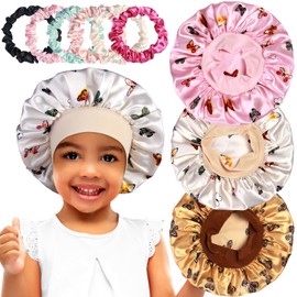 3pcs Satin Bonnets for Kids Sleeping, Cute Hair Bonnet with Scrunchies for Girls Curly Hair, B
