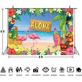 Summer Aloha Party Backdrop Hawaiian Tropical Flower Flamingo Luau Beach Background Adults Couple Kids Aloha Musical Party Luau Photoshoot Tiki Photo Props 8x6FT