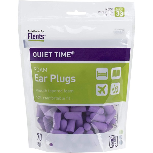 Flents Ear Plugs for Sleeping, Snoring, Loud Noise, Traveling, Concerts, Construction, & Studying, Made in the USA, NRR 33, Purple, 70 Pair