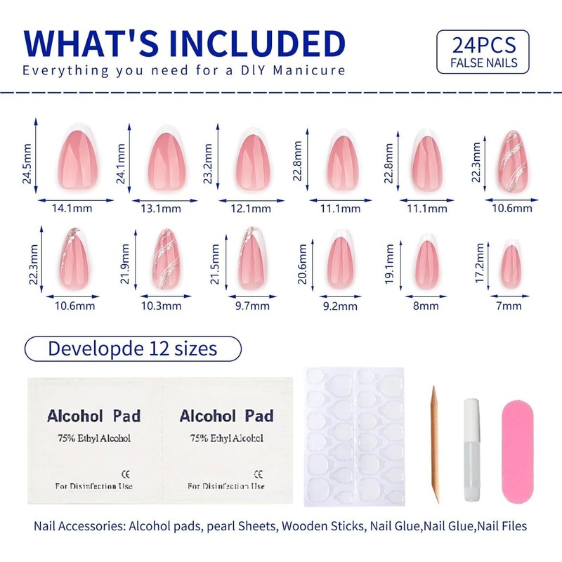 24 Piezas de Uñas Postizas a Presión, Uñas Falsas Cuadradas