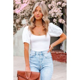 oten Women's Summer Backless Puff Sleeve Bodysuit Square Neck Tie Back One Piece Tops Jumpsuits Leotards White Medium