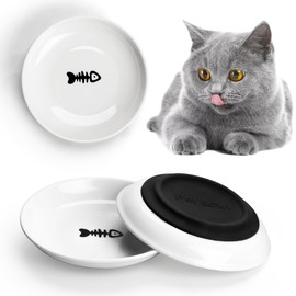 Cat Food Bowl,Healthier Cat Ceramic Bowls for Feeding Indoor Cats with Anti Whisker Fatigue Design,Nonslip Silicone Bottom, Wide Kitten Plates for Food and Water Pack of 3 (Fihsbone)