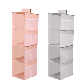 DQZSY Pack of 2 Hanging Shelves Wardrobe, 4 Compartments Hanging Organiser Cupboard, with 12 Mesh Side Pockets for Family Cupboard, Bedroom, Foldable and Universal Fit (Grey & Pink)
