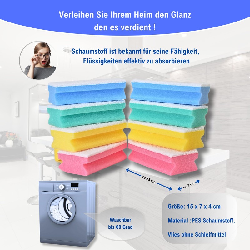 Walfinus Premium XXL Set of 8 Scratch-Free Washing Up Sponges,