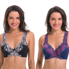 Curve Muse Women's Minimizer Unline Underwire Full Figure Bra with Embroidery Lace, 42B (EU:95B), Blue-silver(2 Pack)