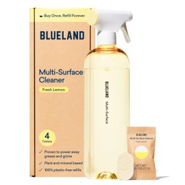 BLUELAND Multi-surface Cleaner, Starter Set, Fresh Lemon Scent, Spray Bottle with 4 Refill Tablets, All-Purpose, Eco-Friendly Cleaning Supplies, 4 x 24 Fl oz