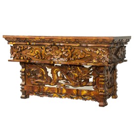Tribe Azure Fair Trade Altar Table, Small Meditation Puja Table, Natural Wood Wiccan Buddhist Tea Table, Low Side Table (Brushed Gold Dragon)