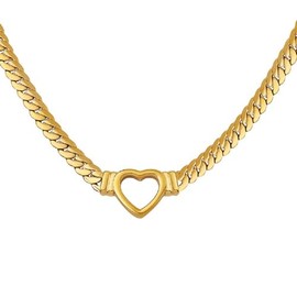 Kysin Chiys Flat Cuban Link Love Heart Chunky Chain Necklace Gold Stainless Steel Hollow Heart Charms Choker Clavicle Jewelry for Women Teen, Zinc, No Gemstone