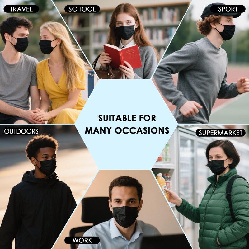 1000 pcs Black Disposable Masks, 3 Ply Breathable Face Masks