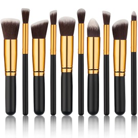 10pcs Premium Synthetic Mini Makeup Brush Set: Eyeshadow, Powder, Eyebrow, Eyeliner, Blush, Foundation & Concealer - Black & Golden