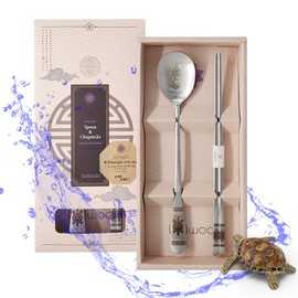 BALWOO [Made in Korea] Hologram Turtle Design Korean Table Sticky Rice Spoon and Chopsticks 304 Stainless Steel Flat Chopsticks Matt Surface Mukbang Cutlery (Red)