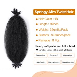 Marley Twist Braiding Hair Kinky 8 Packs Cuban Twist Hair 16 Inch Springy Afro Twist Hair Pre Stretched Wrapping Curly For Pre Fluffed Spring Twist Crochet Hair(16 Inch,8Pack,1B)