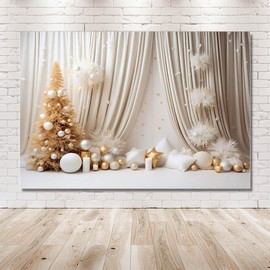MEHOFOND 7x5ft Winter Backdrop White Indoor Christmas Golden Ball Gift Christmas Tree Photography Background Adult Kids Portrait Home Decoration Banner Studio Supplies