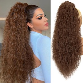 Long Curly Drawstring Ponytail Extension for Women Clip in Ponytail Hair pieces Synthetic Long Curly Wavy Clip in Pony tail Hair Extensions for Daily Party Use (26 Inch,Golden Brown)