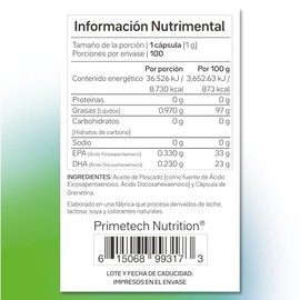 Primetech Nutrition Omega 3 Aceite de Pescado, 1 Gramo, 100 Cápsulas | 330 mg EPA y 230 DHA, Ácidos Grasos de Alta Pureza, Para Funciones de Salud Hum