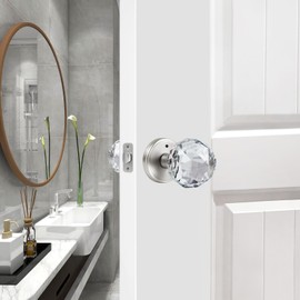 CLCTK Crystal Glass Door Knobs Interior, Premium Bathroom Bedroom Door Knobs with Lock, Satin Nickel Door Knobs