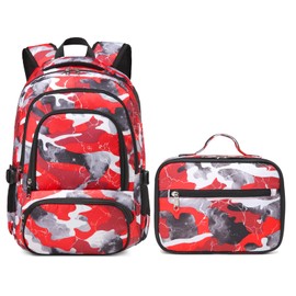 BLUEFAIRY Kids Backpack with Lunch Box for Boys Girls Elementary Middle School BookBags for Teens Childs Back to School Travel Gifts Large Campartments Padded Straps Sleeve Camo Red