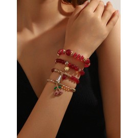 JWIGP 4Pcs Cherry Bracelet Set for Women, Red Beaded Pendant Stretch Layered Gold Plated Crystal Charm Bracelets Jewelry Stackable Boho Christmas Accessories Gift (Cherry)