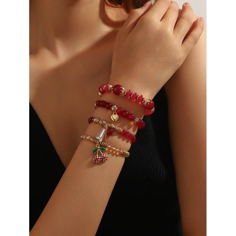 JWIGP 4Pcs Cherry Bracelet Set for Women, Red Beaded Pendant
