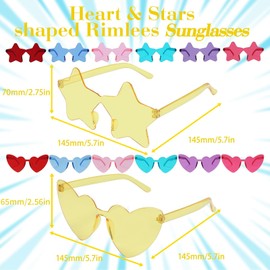 VirtuGro 14 Pairs Heart Sunglasses Rimless Star Shaped Sunglass Multipack Colorful Party Glasses Hippie Funky Glasses Hen Party Eyewear for Kids Adults Women Men Bachelorette Party Photo Booth Props