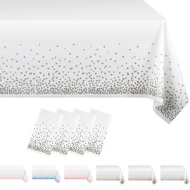 MORAINJAY 4Pcs White and Silver Dot Party Tablecloth,137x274cm Rectangle Table Cloth,Waterproof Plastic Confetti Table Cover for Outdoor Picnic,Wedding, Birthday,Christmas Table Decorations