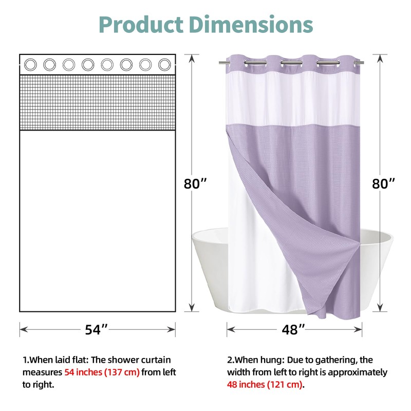 eachope Lavender No Hook Waffle Weave Shower Curtain with snap-in