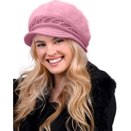 CheChury Women Knit Beret Hats Thermal Winter Hats for Ladies Fleece Lined Baker Boy Hat Knitted Peaked Beanie Cap Newsboy Cap Hat Warm Wool Hat for Cold Weather,Pink