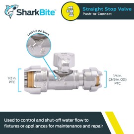 SharkBite 1/2 Push to Connect x 1/4 Inch (3/8 Inch OD) Push to Connect Straight Stop Valve, Quarter Turn, PEX Pipe, Copper, CPVC, PE-RT, HDPE, 23049-0000LF